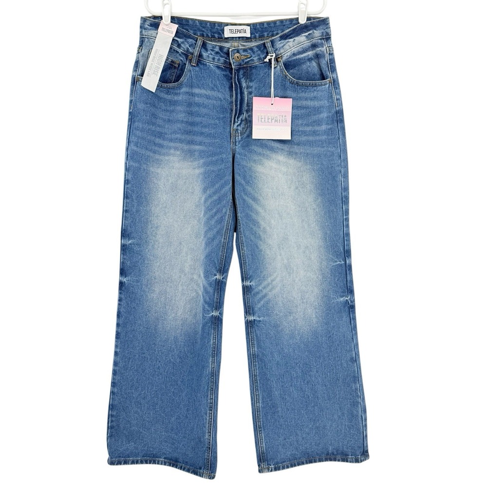Telepatia Women's Blue Wide Leg Denim Jeans Size 13/31 High Rise 100% Cotton NWT